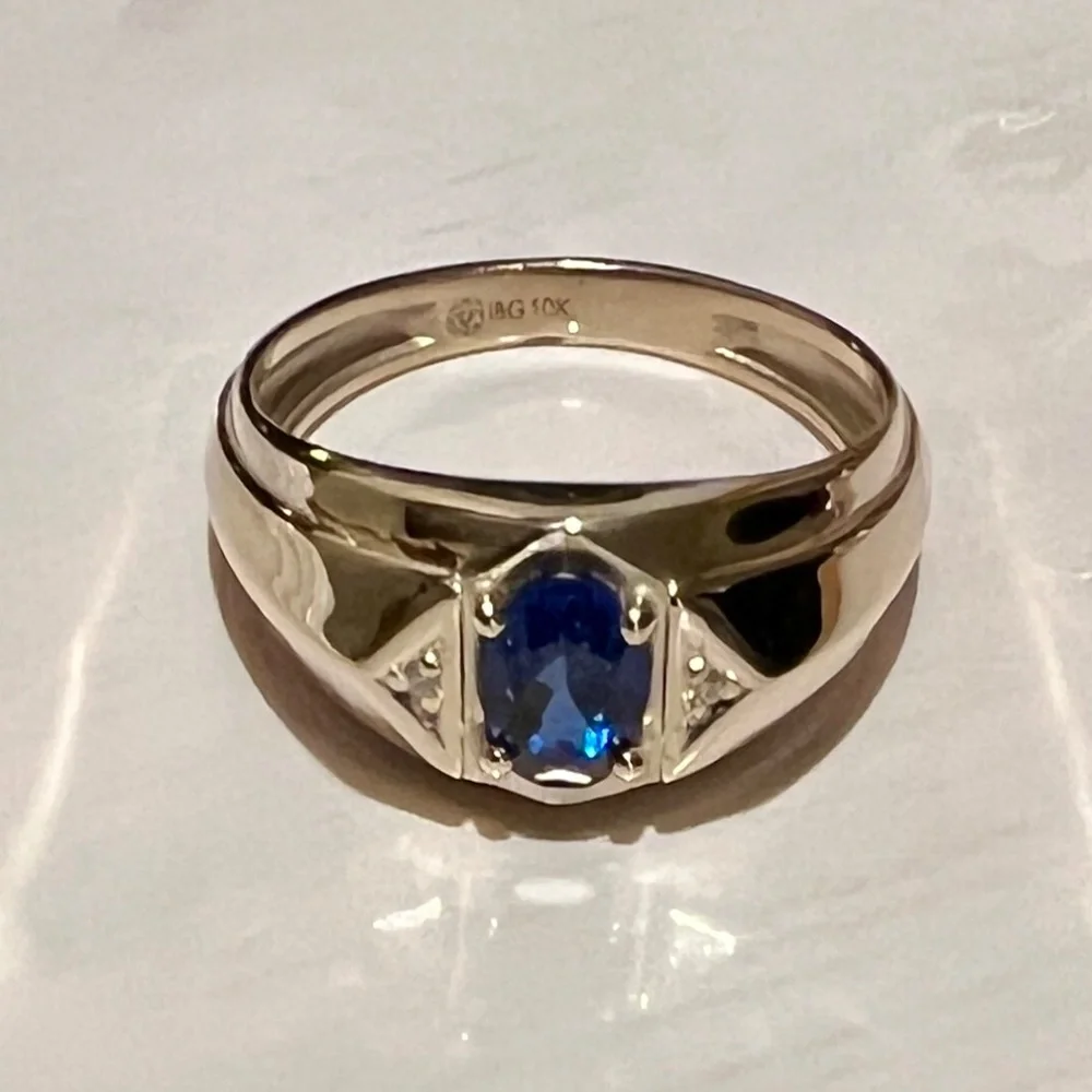 New IBGoodman 10k Yellow Gold Men’s Blue Sapphire & Diamond Satin Ring - Size 10